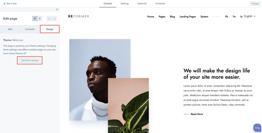 Edit theme settings with Reformer HubSpot theme